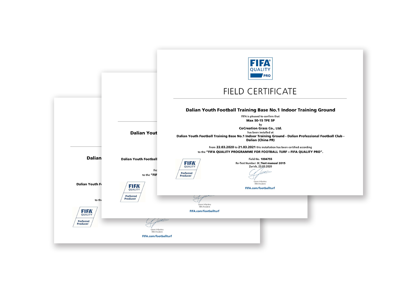 国际足联FIFA认证人造草坪场地证书